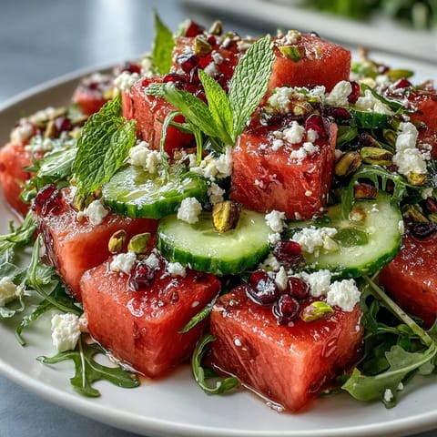 A vibrant Watermelon and Arugula Salad with juicy cubes, peppery greens, and creamy feta in zesty lime dressing.