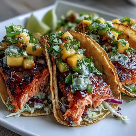 Grilled salmon tacos with mango salsa, a vibrant and fresh summer dinner option.  
