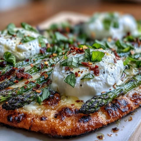Creamy burrata and zesty lemon paired with roasted asparagus on crispy flatbread, garnished with torn basil.