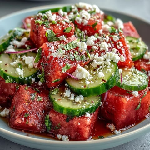 A refreshing summer salad featuring crisp cucumber, sweet watermelon, and a zesty Tajin lime seasoning for a Mexican-inspired flavor.  