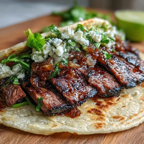A vibrant Cinco de Mayo street taco bar with sizzling carne asada, fresh toppings, and warm tortillas for festive DIY tacos.  