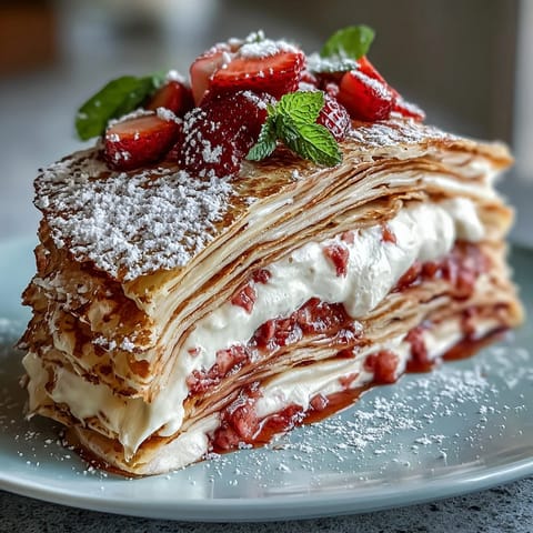 Elegant Mother's Day crêpe cake with delicate golden layers and luscious strawberry mascarpone filling.