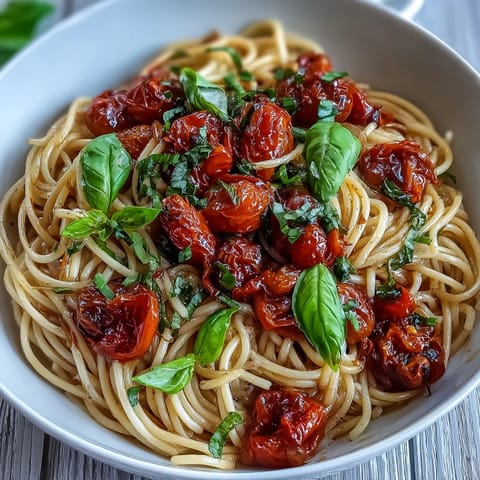 Tender slow-roasted tomatoes elevate this garlic oil pasta dish beautifully.