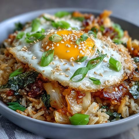 Perfect bowl of quick kimchi fried rice, vibrant and satisfying, with tender toppings.