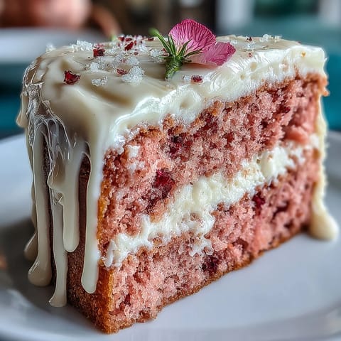 Luscious pink rosé velvet cake with creamy frosting and opulent gold drip.