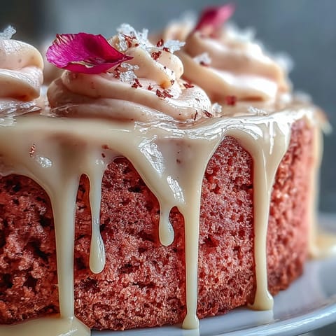Elegant Rosé Velvet Cake with shimmering gold drip, perfect for celebrations.
