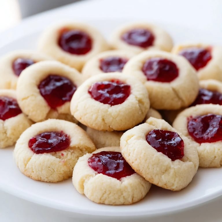 Golden-brown Thumbprint Cookies, buttery and tender, arranged ready to eat on a cooling rack.