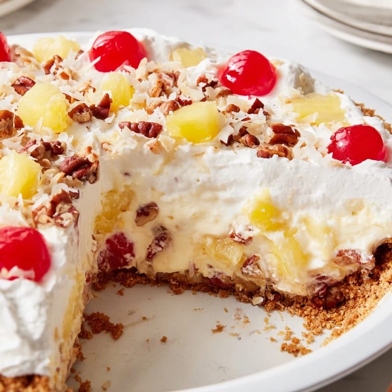 Creamy, dreamy, no-bake Millionaire Pie, generously topped with whipped cream and pecans.