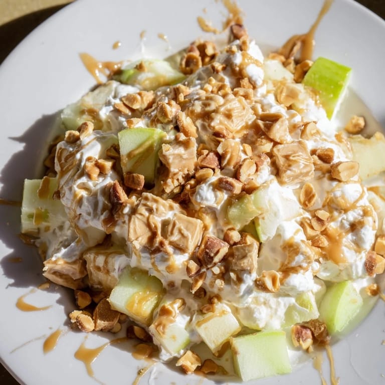 Creamy, decadent Snickers Salad showing chopped Snickers, Granny Smith apples, and whipped topping, ready to serve.