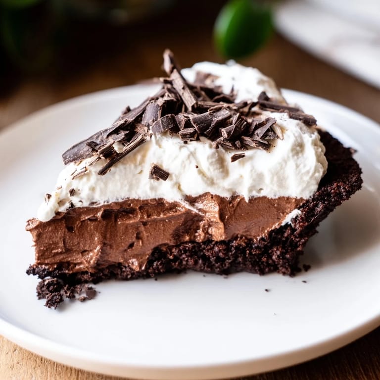 Rich, dark Mississippi Mud Pie, drizzled with chocolate shavings, is a classic American dessert.