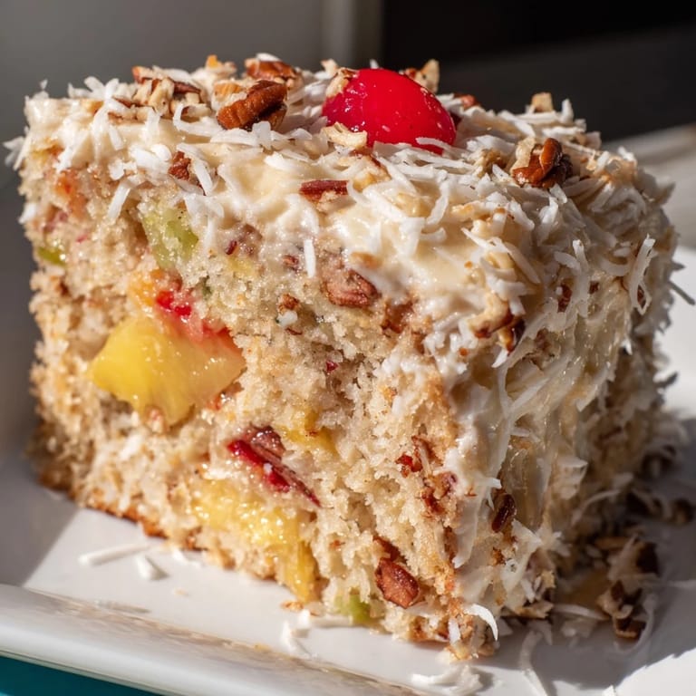Close-up of a delightful Fruit Cocktail Cake, showcasing juicy canned fruit and a perfect frosting swirl.