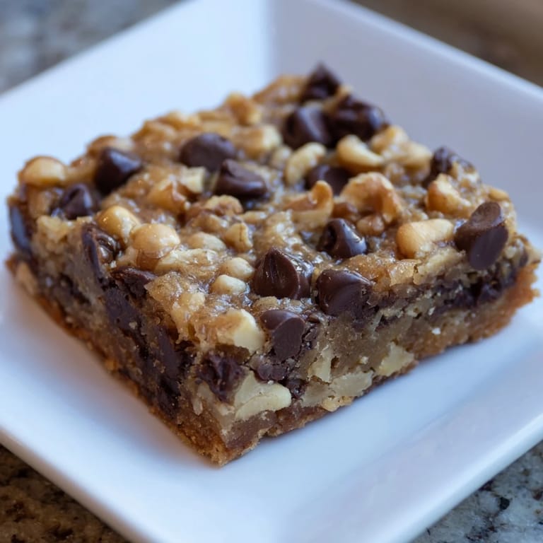 Warm, freshly baked Blondies with a rich brown sugar base are studded with chocolate and nuts.