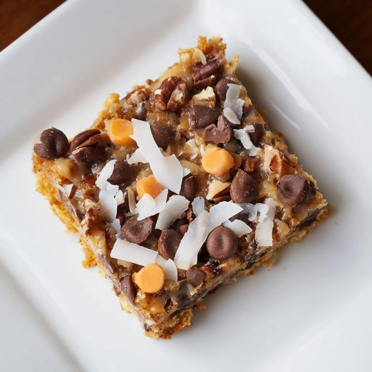 Golden-brown Magic Cookie Bars are arranged on a plate, a classic American dessert perfect for sharing.