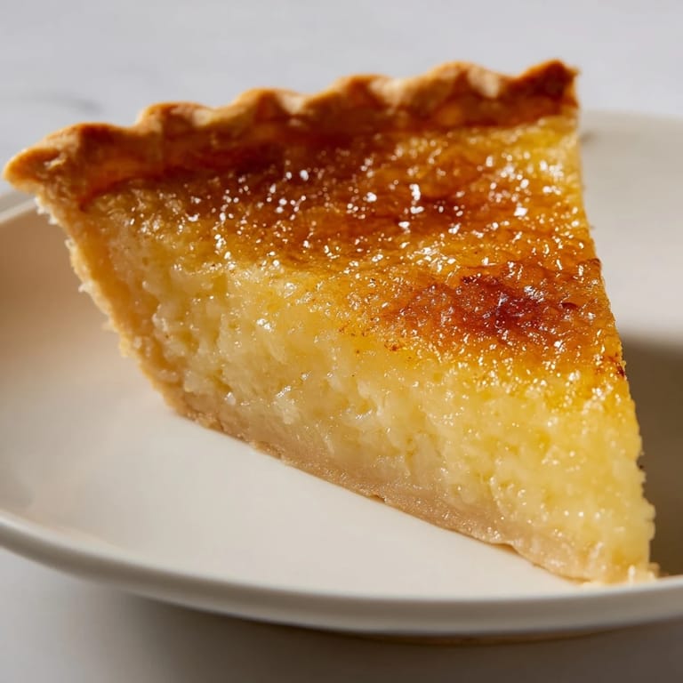 Warm, buttery Chess Pie, freshly baked with a sugary crust, ready to enjoy.