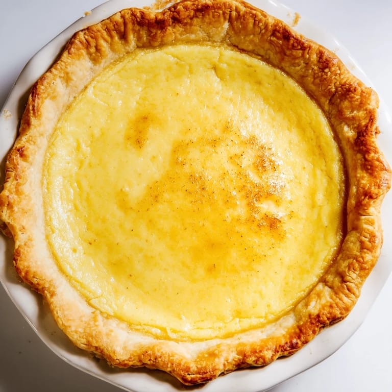 A beautiful, freshly baked buttermilk pie with a perfectly crimped crust, ideal for dessert.