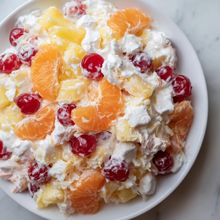 A classic creamy Ambrosia Salad dessert, showing vibrant mandarin oranges and fluffy marshmallows in every bite.