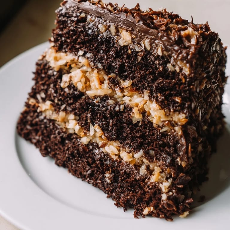 Close-up of freshly baked German Chocolate Cake, showcasing its moist chocolate layers and sweet topping.