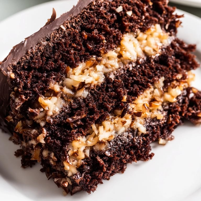 Moist and decadent German Chocolate Cake, topped with sweet coconut frosting; perfect for dessert tonight.