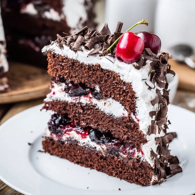 Luscious dark chocolate shavings crown this stunning Black Forest cake, alongside cherries, ready to serve.