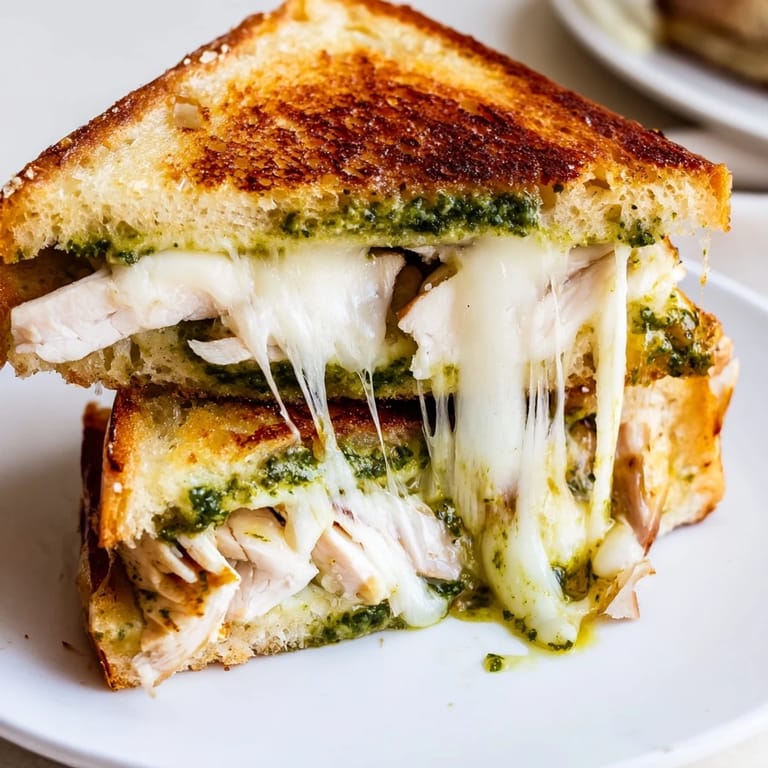 Sliced in half, this golden-brown sandwich reveals juicy layers of vibrant green pesto, ripe tomato, and tender chicken, served on a rustic wooden board.