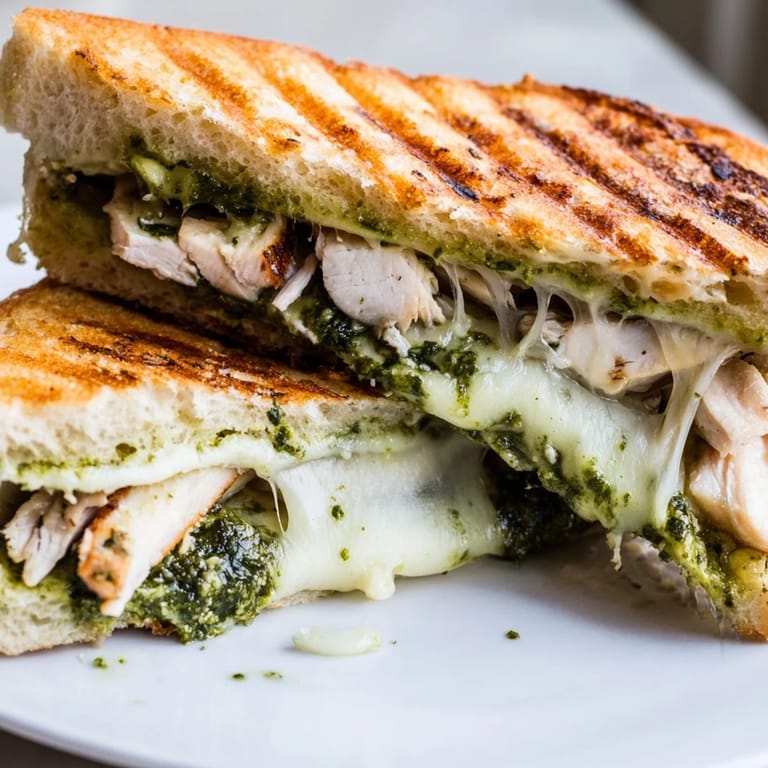 This easy Italian-inspired Chicken Pesto Panini features crusty ciabatta bread filled with gooey cheese, fresh basil flavors, and perfectly seared chicken breast.