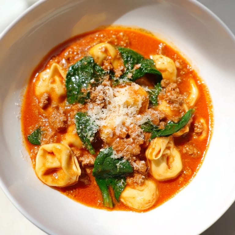 Cheesy tortellini and savory Italian sausage swim in a rich, creamy tomato broth, garnished with fresh spinach and parmesan.