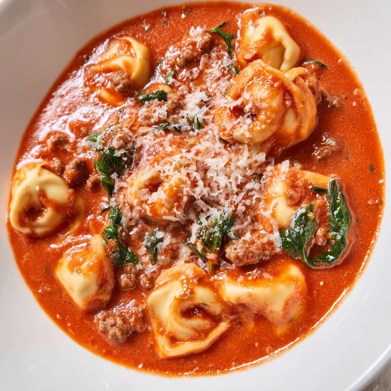 Spoon up this hearty Tuscan Tortellini Soup, loaded with cheese tortellini, sausage, and spinach in a velvety tomato broth.