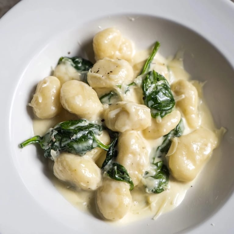 A close-up of tender gnocchi coated in rich, velvety garlic cream, with wilted spinach and cheese.