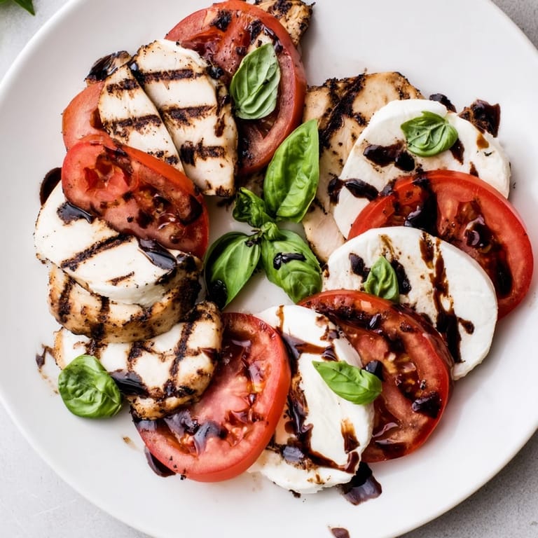 Juicy grilled chicken topped salad with tomatoes, mozzarella, basil, and balsamic glaze for a light Italian dinner.  