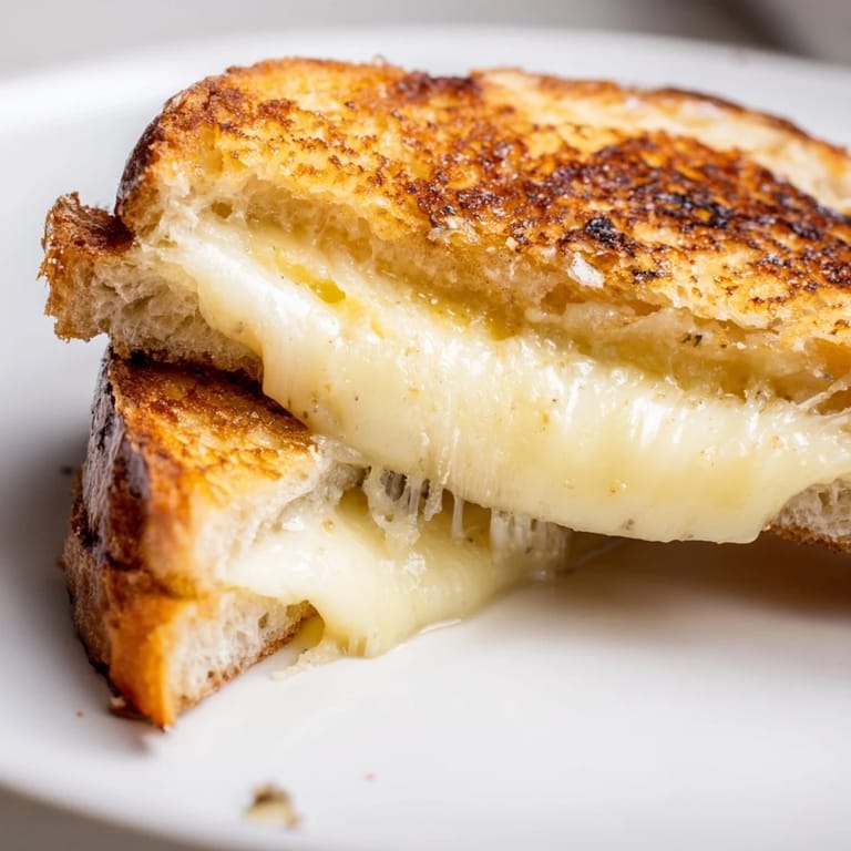 Freshly sliced Truffle Grilled Cheese on a wooden board, garnished with black pepper, ready to be enjoyed with a side of soup.