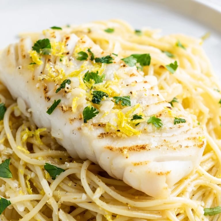 Serving of Lemon Bass Pasta featuring flaky white fish, silky lemon sauce, and al dente spaghetti, ideal for a quick weeknight dinner.