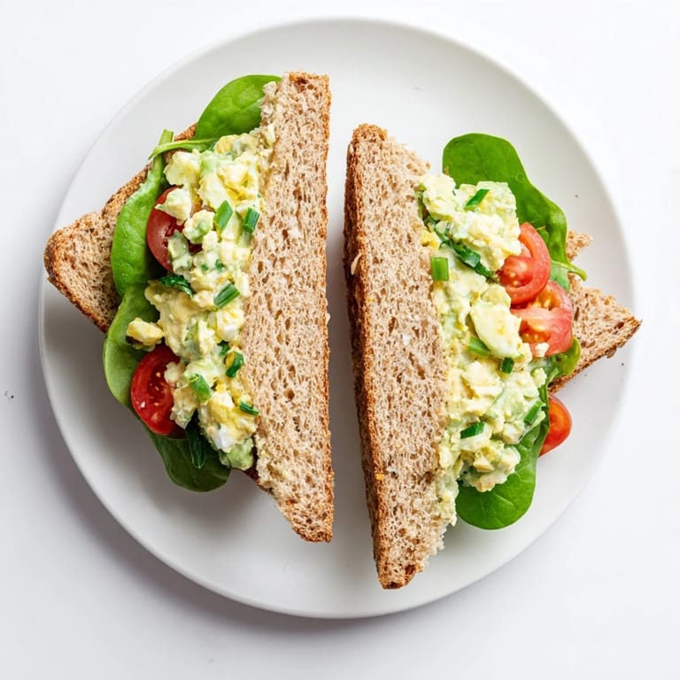 Healthy avocado egg salad sandwich with bright green avocado chunks and fluffy scrambled eggs, served on a plate.