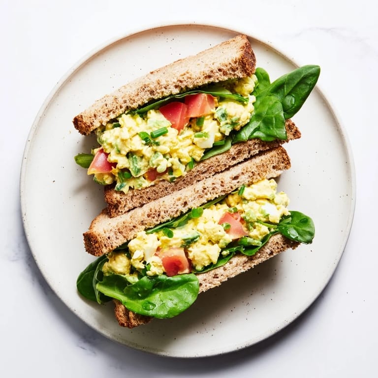 A close-up view of creamy avocado egg salad spread thickly on bread, garnished with chopped chives.  