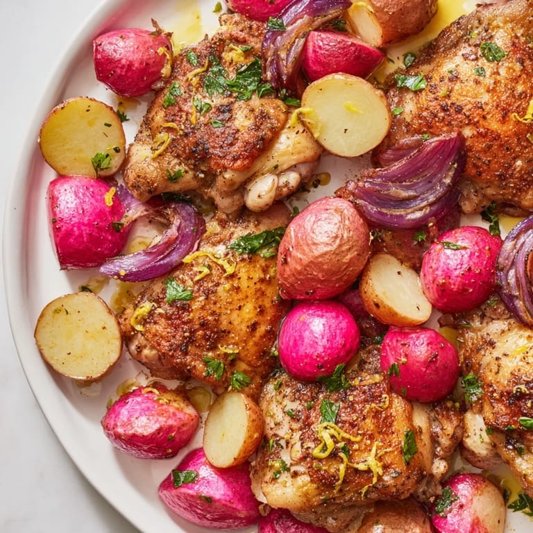 Golden-brown chicken and tender roasted radishes paired with baby potatoes on a baking sheet, drizzled with lemon juice and garnished with parsley.