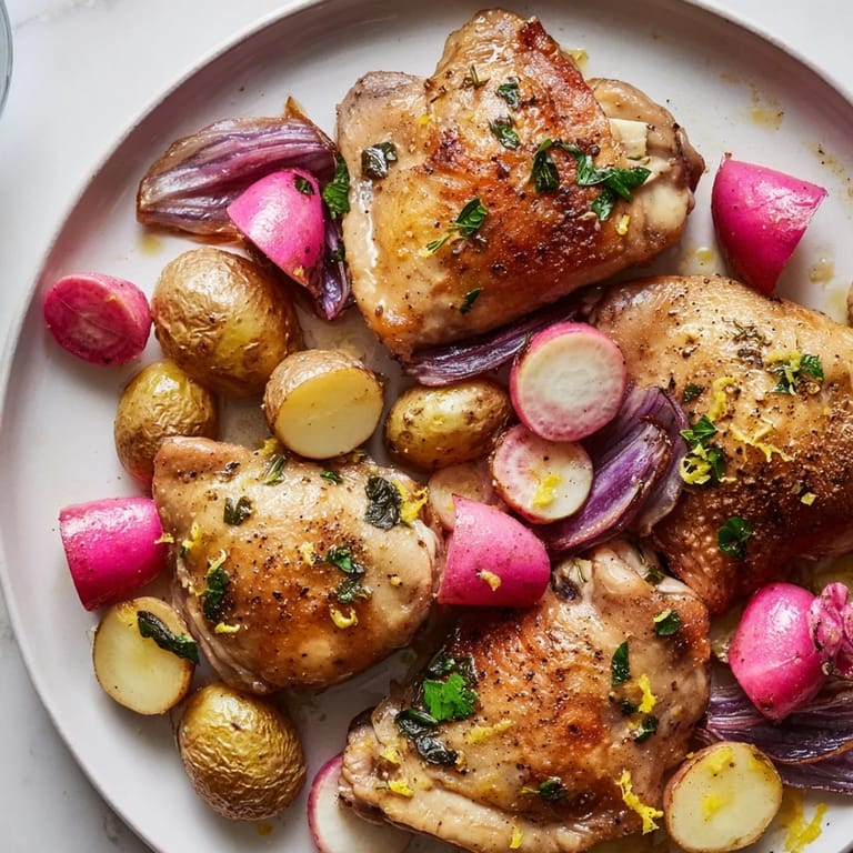 Roasted radish and chicken sheet pan with caramelized vegetables and crispy skin, served hot with a zesty lemon kick and pan juices.