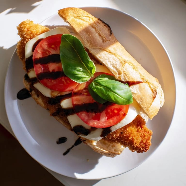 Fried chicken breast with bubbly panko crust, fresh mozzarella, and ripe tomatoes on ciabatta, creating a hearty Crispy Chicken Caprese Sandwich.