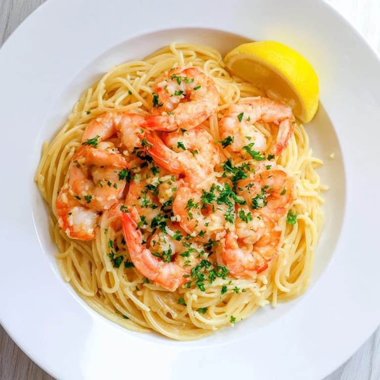A close-up of Lemon Butter Shrimp Pasta Lite, showcasing sautéed shrimp, angel hair pasta glistening in lemon butter, and vibrant chopped parsley and lemon wedges.