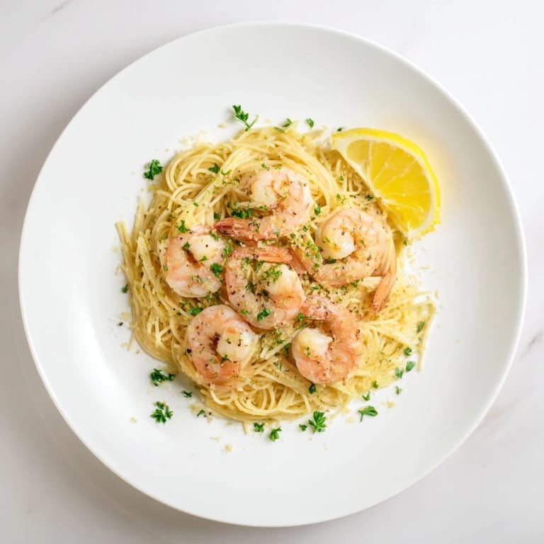 Bright Lemon Butter Shrimp Pasta Lite with succulent shrimp and a light, zesty garlic butter sauce, served over delicate angel hair with a sprinkle of parsley.