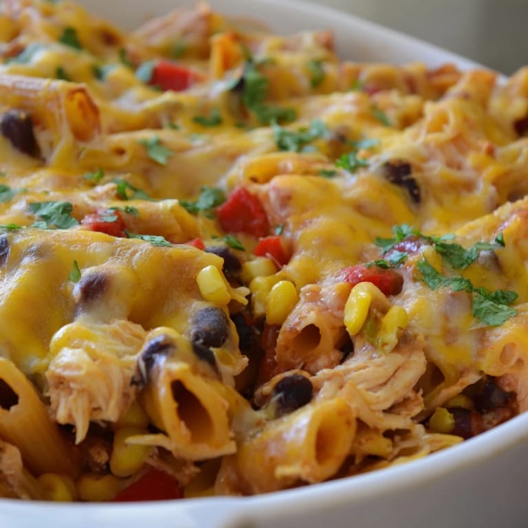 Forkful of Chicken Burrito Pasta Bake revealing tender chicken, black beans, corn, and pasta in a creamy, colorful Tex-Mex mixture.  