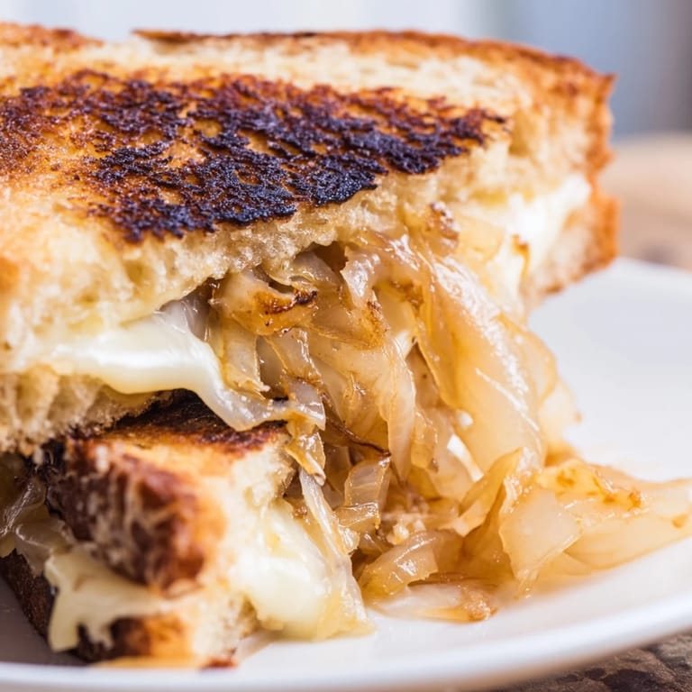 Close-up view of a buttery, toasted Caramelized Onion & Gruyère Grilled Cheese cut in half to reveal the melted interior.