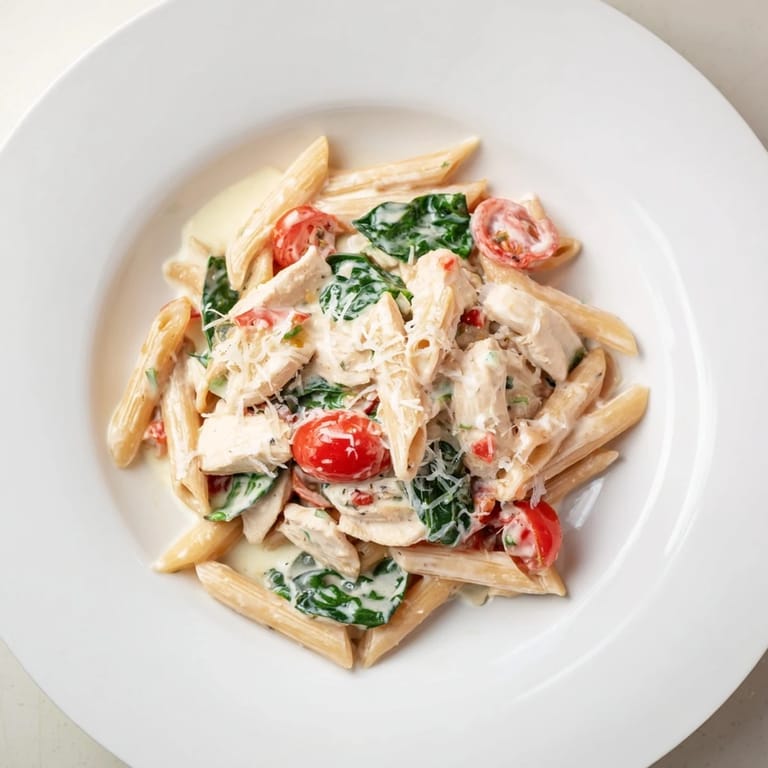 Close-up of Greek Yogurt Chicken Pasta reveals golden chicken chunks, halved cherry tomatoes, and wilted spinach mingling in a luscious, tangy yogurt sauce.