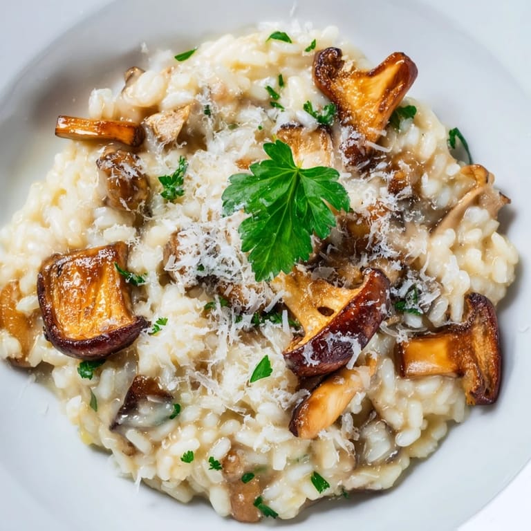 Close-up of savory roasted mushroom risotto bubbling in a skillet, served family-style for a cozy dinner.  