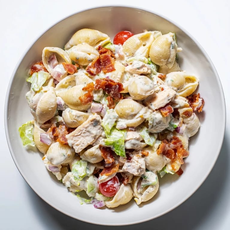 Close-up of BLT Chicken Pasta Salad featuring tender pasta shells, diced chicken, and fresh veggies in a creamy dressing.