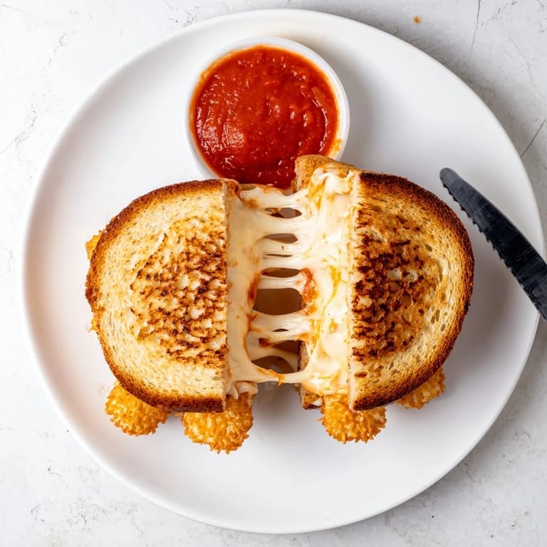 A close-up of the Mozzarella Stick Grilled Cheese shows gooey cheese stretching from the sandwich, served warm with a small bowl of red marinara sauce.