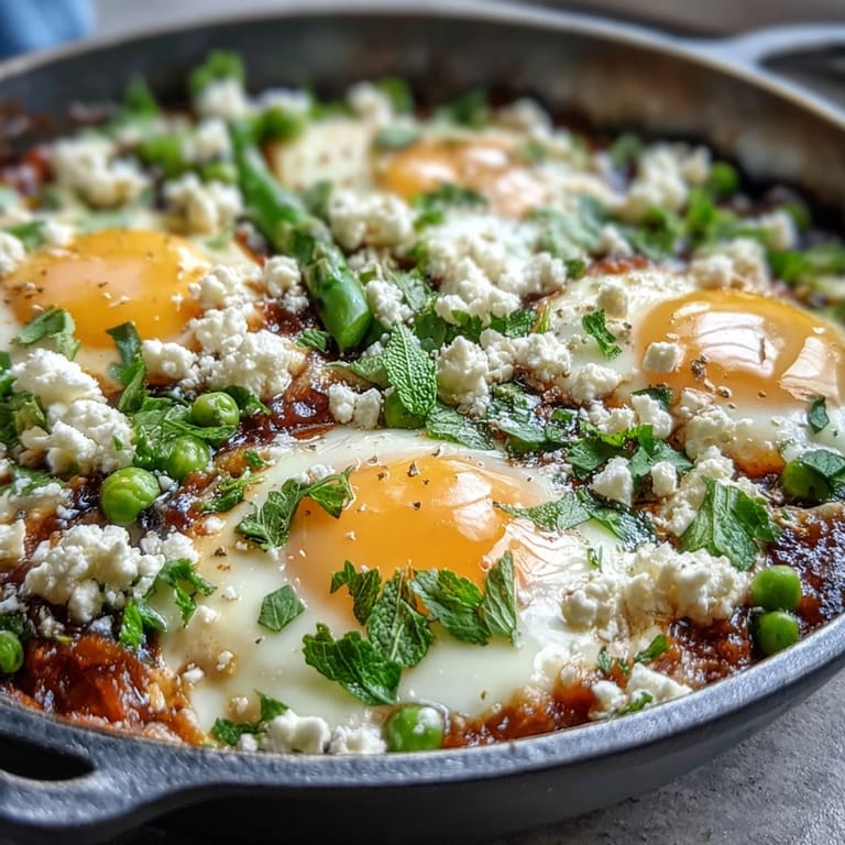 Bright green peas, broad beans, and asparagus nestled in a spiced tomato sauce for a fresh spring take on shakshuka.