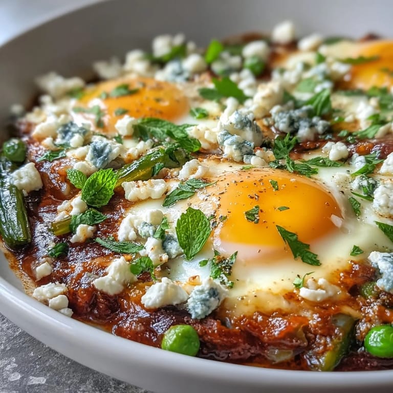 A close-up of a single serving of Pea and Broad Bean Shakshuka topped with feta, fresh herbs, and a lemon wedge.