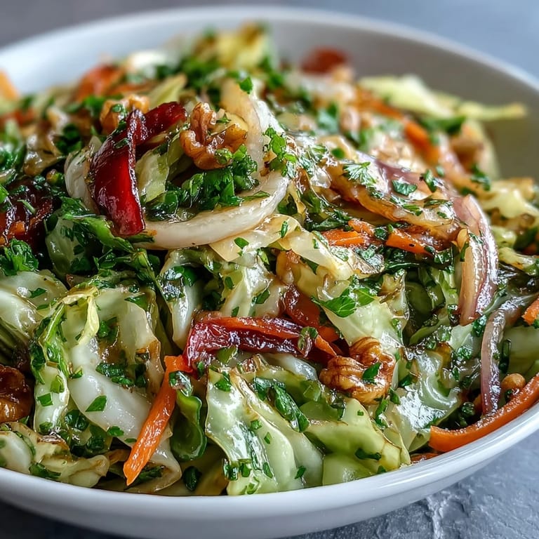 A bowl of Cooked and Loved Cabbage Salad features tender cabbage ribbons, crunchy walnuts, and crumbled feta, drizzled with apple cider vinegar and olive oil for a bright, herbaceous finish.