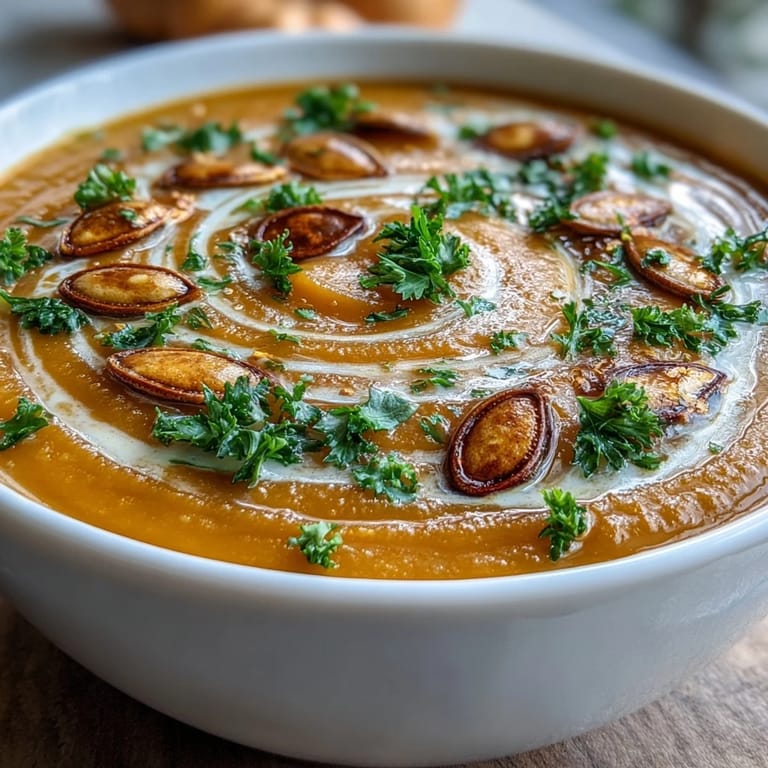 Vibrant roasted butternut squash soup in a rustic bowl, showcasing its velvety texture and warm spices like cumin and nutmeg.