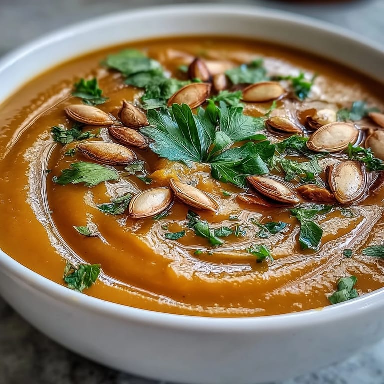Steaming mug of homemade Butternut Squash Soup with a golden hue and a sprinkle of pumpkin seeds, ready to enjoy.