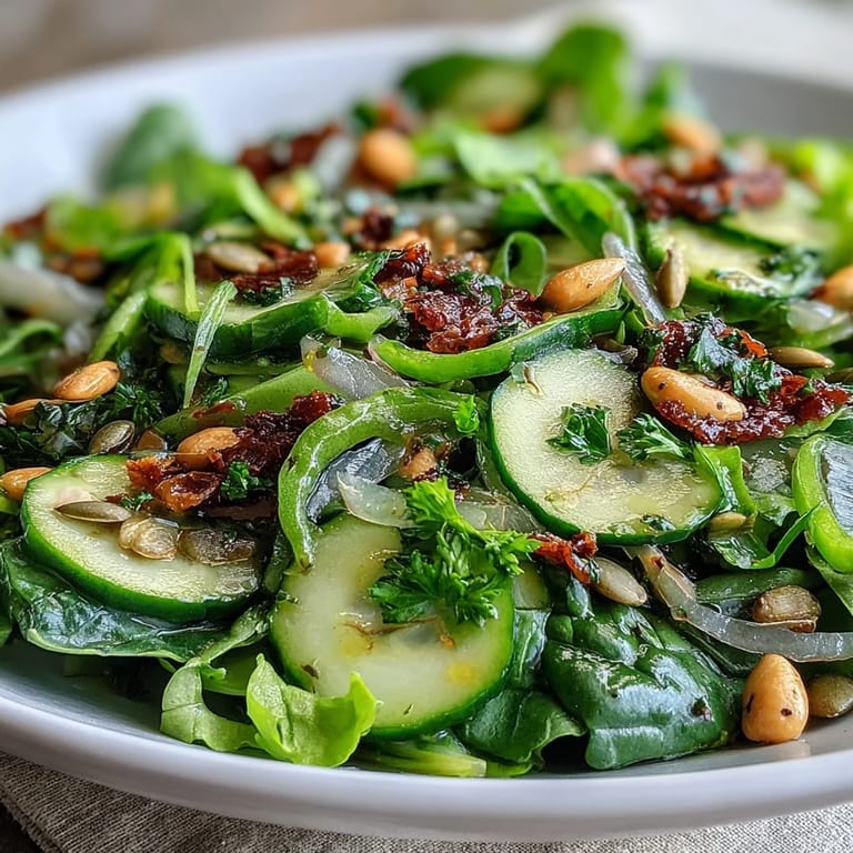 A close-up of the Glowing Green Salad, featuring sliced cucumber, celery, and green bell pepper on a bed of fresh greens.  